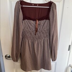 Brown Checkered Long Sleeve Dress